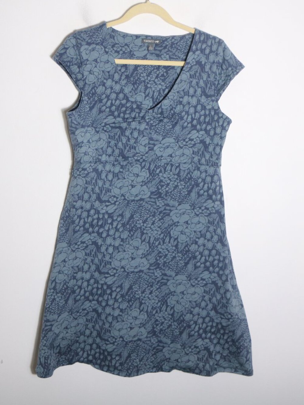 Toad & Co Rosemarie Mini Dress Large Blue Floral Organic Cotton Boho Casual